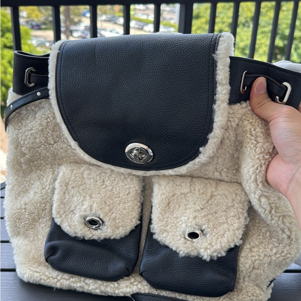 Coach Black and Cream Shearling Backpack